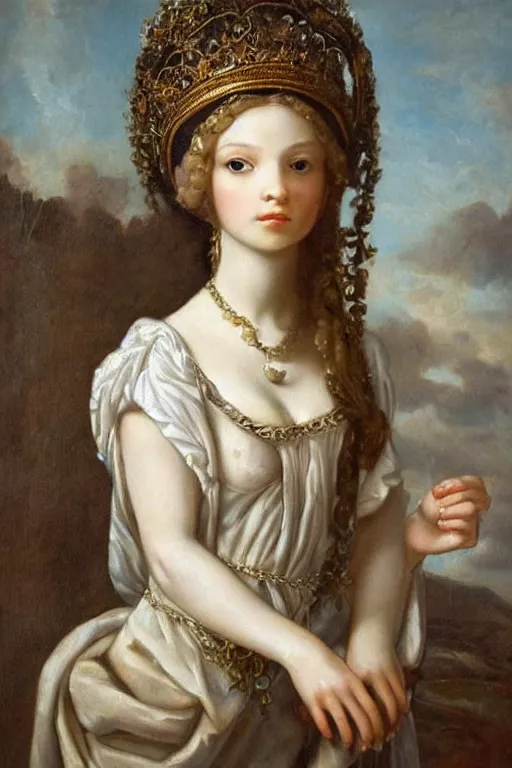 Prompt: beautiful garlic princess portrait, baroque painting, young woman made of garlic, dainty, elegant, garlic clove head