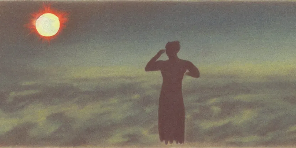 Image similar to grainy vintage 70s autochrome painting of a solar eclipse in the sky. the city of ancient babylon below in the distance. the city is on fire. full-body silhouette of a single observer in the foreground. the figure is an ancient Hellenistic athletic man in soft focus with hazy outlines. the scene is painted with thick impasto paint. chromatic aberration