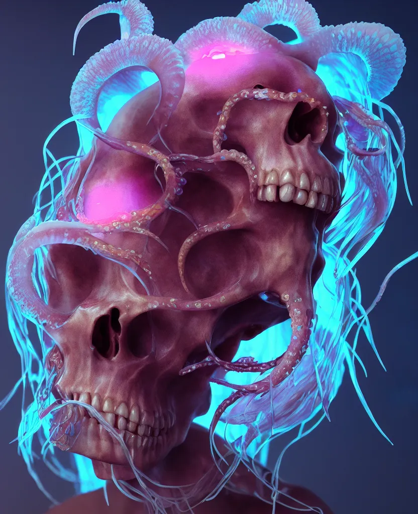 Image similar to goddess close - up portrait human skull, ram skull, squid phoenix jellyfish, orchid, betta fish, bioluminiscent, intricate artwork by tooth wu and wlop and beeple. octane render, trending on artstation, greg rutkowski very coherent symmetrical artwork. cinematic, hyper realism, high detail, octane render, 8 k