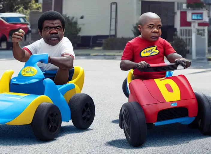 Image similar to peter dinklage racing gary coleman driving a little tikes cars, movie still, from the new fast and furious movie, 8 k, realistic