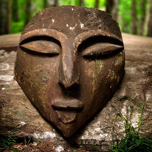 Prompt: a ancient mask buried in the forest, realistic