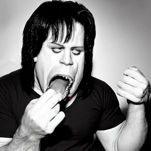 Image similar to danzig shoving a dozen hotdogs into his mouth