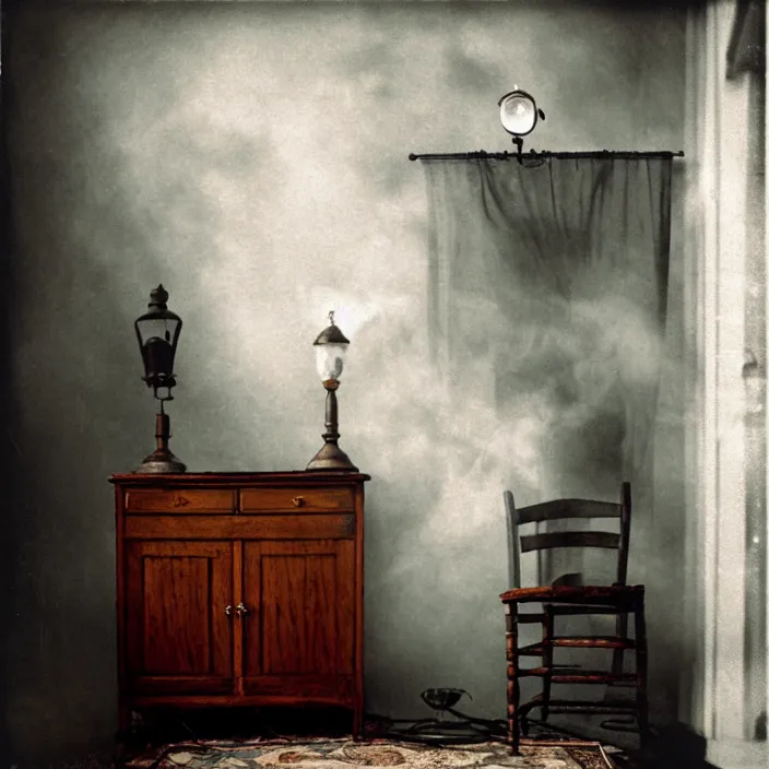 Prompt: kodak portra 4 0 0, wetplate, fisheye, award - winning portrait by britt marling, 1 9 2 0 s outside porch, ghost, picture frames, shining lamps, dust, smoke, 1 9 2 0 s furniture, wallpaper, carpet, books, muted colours, wood, fog,