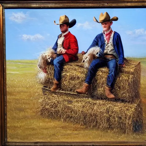 Prompt: two dogs dressed as cowboys sitting on bails of hay, oil painting, bright light, summertime