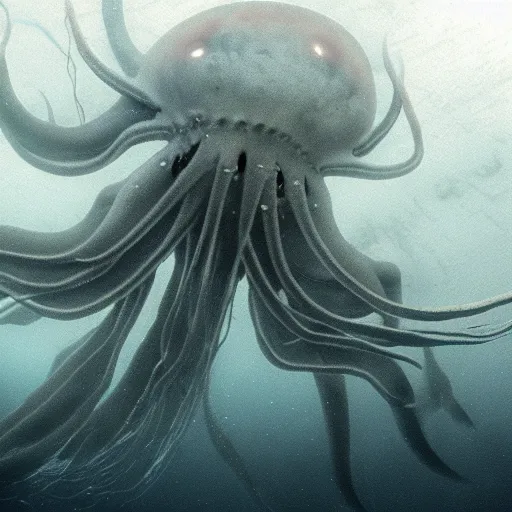 Image similar to bigfin squid, eldritch horror monster, ominous underwater environment, dark souls, terrifying