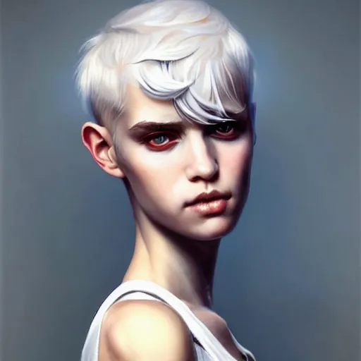 Image similar to full body pose, beautiful androgynous girl, white pixie cut hair, torn overalls, short shorts, combat boots, fishnets, beautiful, highly detailed face, true anatomy!, extremely detailed!, digital painting, unreal engine 5, art by tom bagshaw