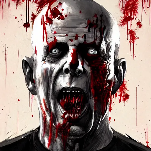 Prompt: a zombie Bruce Willis, by WLOP, horror, wounds, bloody, dark fantasy, trending on artstation