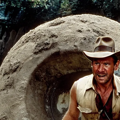 Prompt: movie still of indiana jones crushed beneath a giant stone ball in temple, blood stains