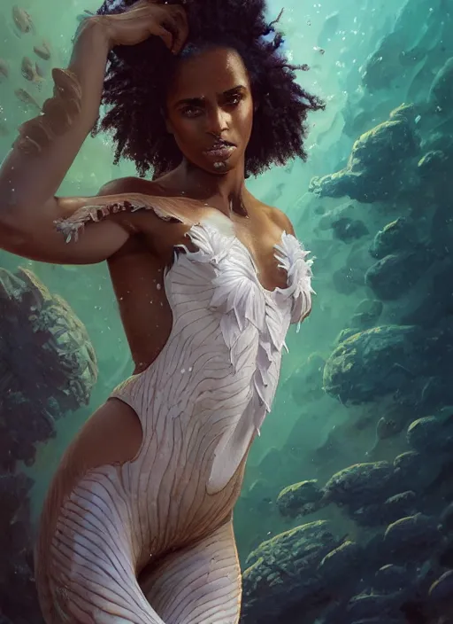 Image similar to dramatic upper body portrait of Megalyn Echikunwoke as a dark-skinned mermaid by Ruan Jia and Mandy Jurgens and Artgerm and william-adolphe bouguerea, underwater, white lilies, shells, mirror, marvel comics, intricate, highly detailed, smooth, artstation, digital illustration by julie bell and Ruan Jia and Mandy Jurgens and Artgerm and William Adolphe Bouguereau and John Collier and Greg Rutkowski and Frank Frazetta