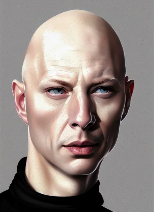 Prompt: face centered portrait of a porcelain skin bald man, in a black sweater turtleneck, hyper realistic art, intricate, elegant, glowing lights, highly detailed, digital painting, artstation, concept art, smooth, sharp focus, art by wlop, mars ravelo and greg rutkowski