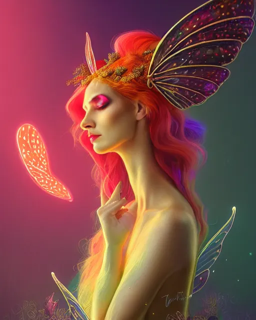 Image similar to portrait, stunningly beautiful female faerie priestess in amanita muscaria forest landscape, symmetrical wings on back, neon hair, wearing a dress of gossamer gold, inner glow, illustration, dramatic lighting, soft details, painting, art nouveau, octane render, 8 k, hd, by brom, faces by otto schmidt