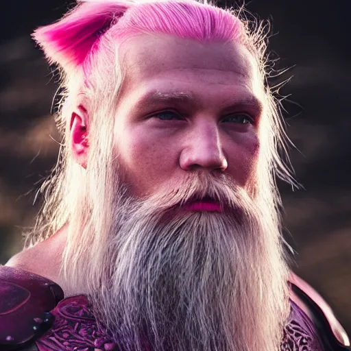 Prompt: hyperrealistic photograph of a pink-haired viking, 8k, profile picture, cinematic, high contrast, epic real fantasy, stoic facial expression, looking at the camera