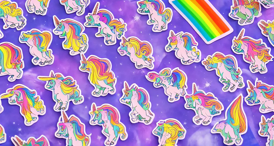 Prompt: a colorful unicorn sticker sheet of unicorns in style of my little pony