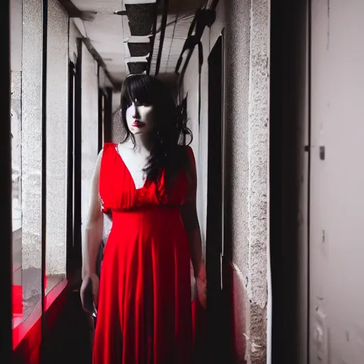 Prompt: woman with long black hair and red eyes standing in a dark hallway, wearing a red dress, 8k, photography, professional, cinematic lighting, film, high quality, depth of field, dark colors,