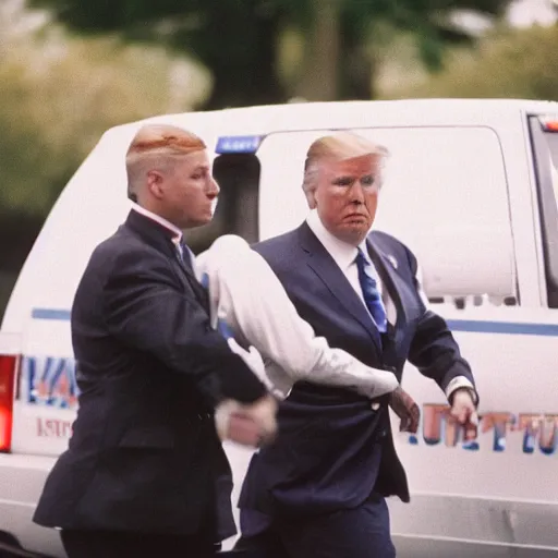 Prompt: Donald Trump being handcuffed and walked to a cop car, 35mm film, dslr photography