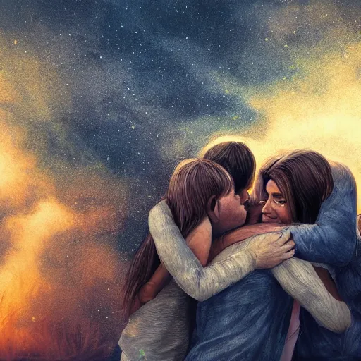 Image similar to A family hugging each other for the last time as the world is ending, meteors are falling from the sky, everything is on fire, dramatic lighting, digital art, very very very very very very beautiful, 8K, dark lighting, trending on Artstation, award winning