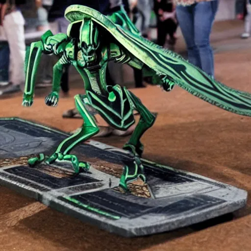 Image similar to necron doing a kickflip while humans look on in amazement and awe