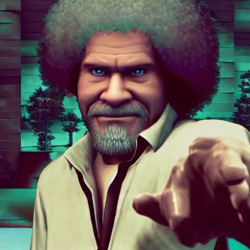 Image similar to Bob Ross as a Square Enix Villain 2005 JRPG cinema 4d render, Ray tracing reflection, natural lighting, Unreal Engine award winning photography