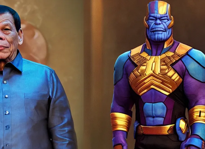 Prompt: rodrigo duterte and thanos staring at each other, real life photograph, award winning photograph, 4 k