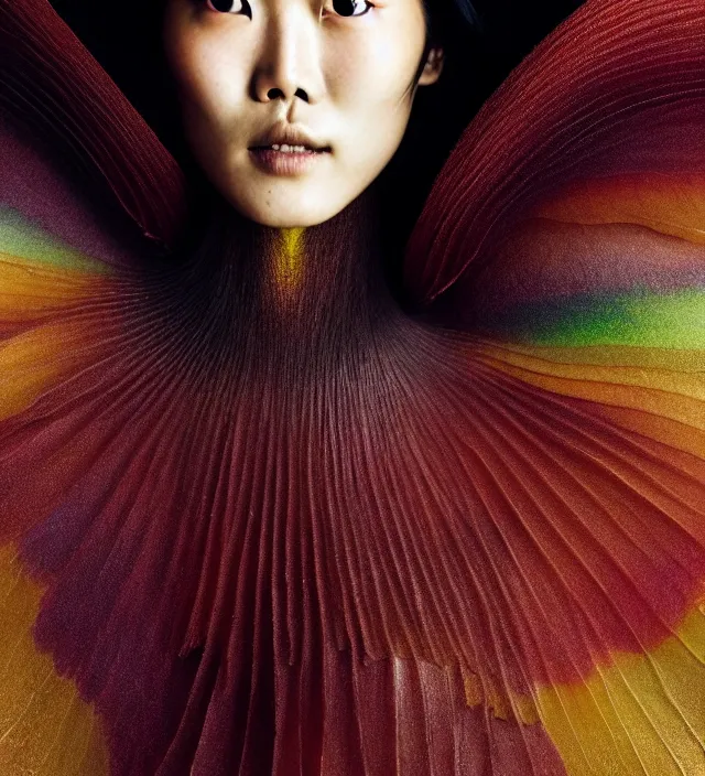 Image similar to photography facial portrait of liu wen, natural background, natural pose, wearing stunning cape by iris van herpen, with a colorfull makeup. highly detailed, skin grain detail, photography by paolo roversi, nick knight, helmut newton, avedon, araki