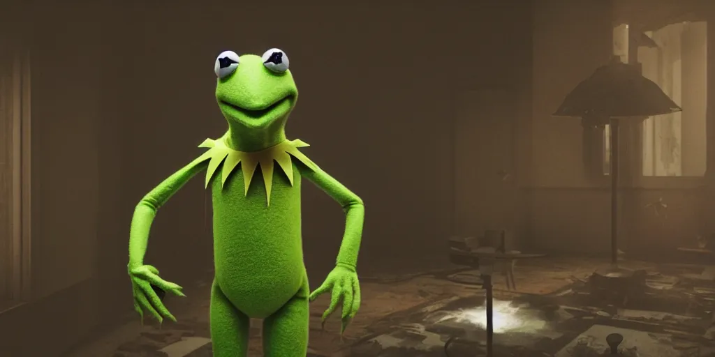 Image similar to kermit, horror, dark cinematic, volumetric, realistic, 3d render, Realistic Render, Cinematic lighting, Volumetric lighting, atmospheric, cinematic, unreal engine, unreal engine render, octane render, HD, photorealism, hyper realistic, photo, 8K, in the style of Chris Cunnigham, by Wes Anderson