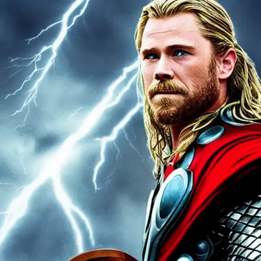 Prompt: thor with canine head, holding a hammer, cinematic thunder background