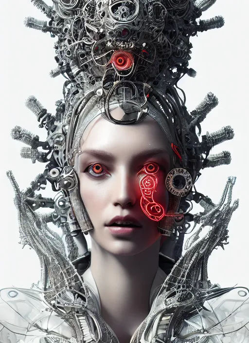 Image similar to portrait of an absurdly beautiful, graceful, sophisticated, fashionable cyberpunk mechanoid, hyperdetailed illustration by irakli nadar and vania zouravliov, matt wisniewski style, intricate linework, white porcelain skin, faberge, coral headdress, unreal engine 5 highly rendered, global illumination, radiant light, detailed and intricate environment