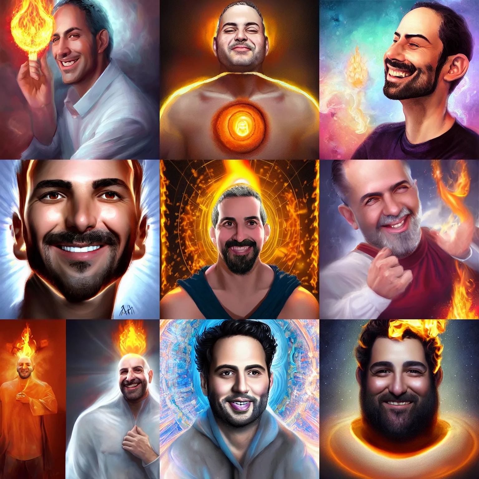 Prompt: a happy white spanish - jewish - latino man in his early 4 0 s, no beard, divine fire is enveloping his body and head, digital art by artgerm