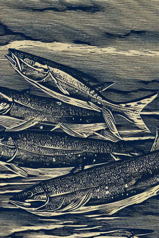 Image similar to a beautiful wood engraving on paper of a school of mackerel, 8 k, frostbite 3 engine, cryengine, dof, trending on artstation, digital art, crepuscular ray