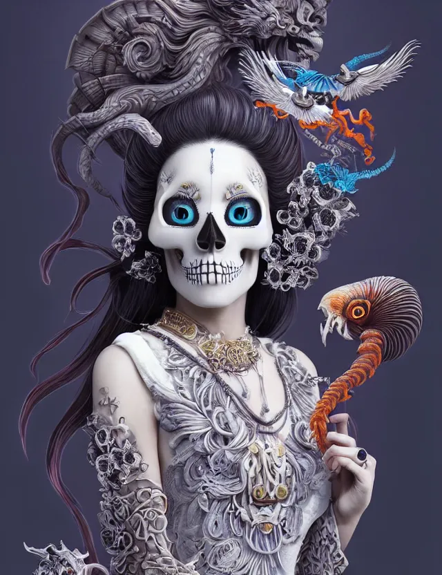 Image similar to 3 d goddess skull half - turn portrait with long hair with ram skull. beautiful intricately detailed japanese crow kitsune mask and clasical japanese kimono. betta fish, jellyfish phoenix, bio luminescent, plasma, ice, water, wind, creature, artwork by tooth wu and wlop and beeple and greg rutkowski