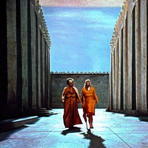 Prompt: a scene from the movie la felicita ( 1 9 7 1 ) by luchino visconti with mastroianni and claudia cardinale walking in a scifi cyberpunk!!!! futurist city reminiscent of the ( ( ( ideal city by piero della francesca. technicolor ) ) ), cinematic, 5 0 mm, highly detailed