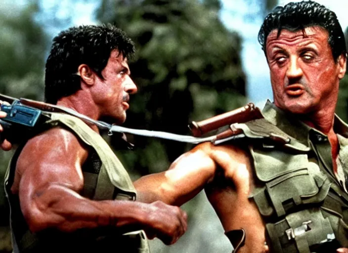 Image similar to sylvester stallone in a still from the movie Commando (1985)