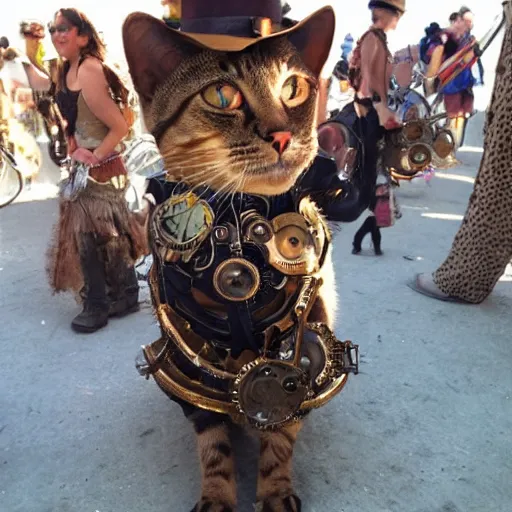 Prompt: cat wearing steampunk costume at burning man