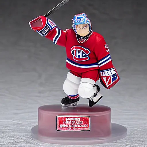 Image similar to high quality portrait flat matte painting of cute Nendoroid figurine of Patrick Roy Goaltender, in the style of nendoroid and manga NARUTO, number 33 on jersey, Patrick Roy Goaltender, An anime Nendoroid of Patrick Roy, hall of fame goalie Patrick Roy!!!, number 33!!!!!, Montreal Habs Canadiens figurine, detailed product photo, flat anime style, thick painting, medium close-up