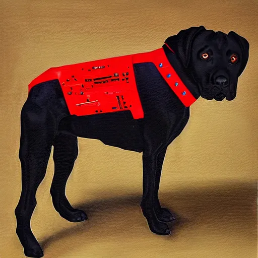 Prompt: painting of a black cyborg pitbull lab wearing thin red dog - collar, hyper detailed, robot, wires, lights, thin brush strokes, oil painting