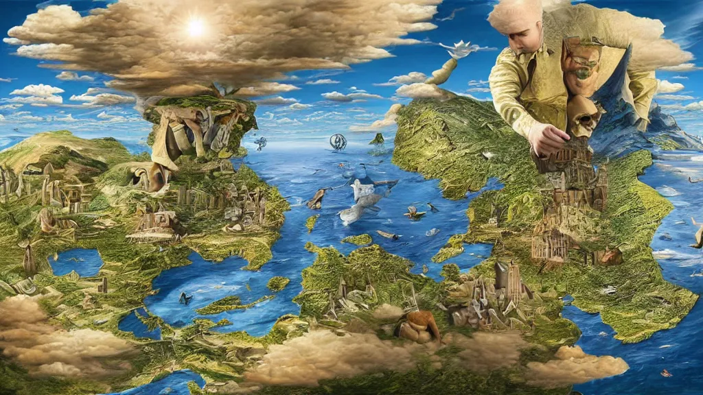 Prompt: surreal world map in the styles of igor morski, jim warren, and rob gonsalves, intricate, robinson projection, accurate geography, volumetric lighting, serene, imaginative