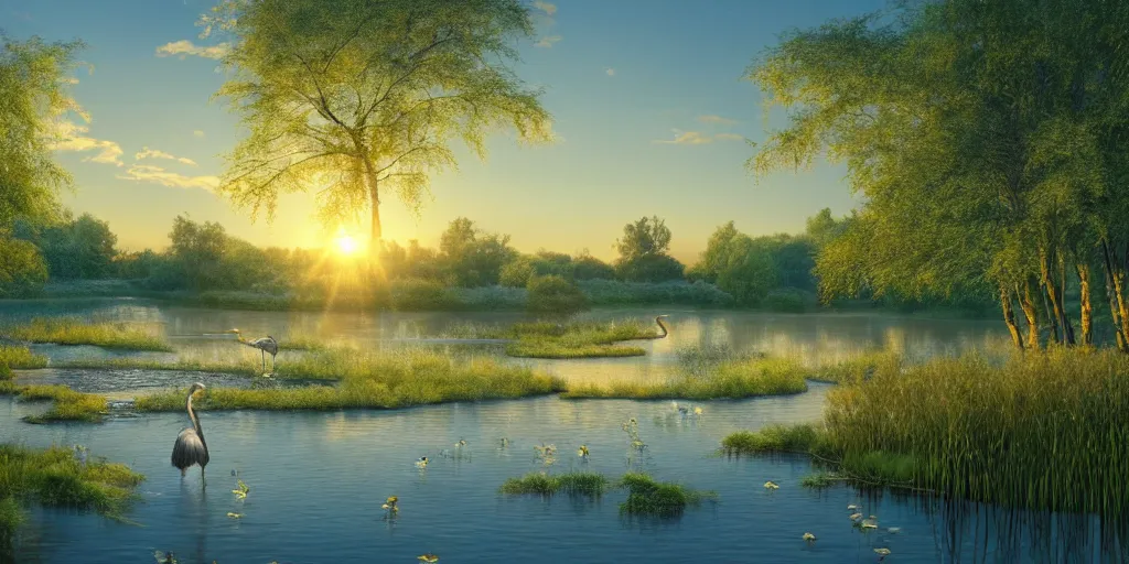 Image similar to a majestic blue heron in shallow river, waterfalls in distance, willow trees, cherry blosom trees, lily pads, bullrushes, marsh, clouds, golden hour, intricate, luminescent matte painting, highly detailed, artstation