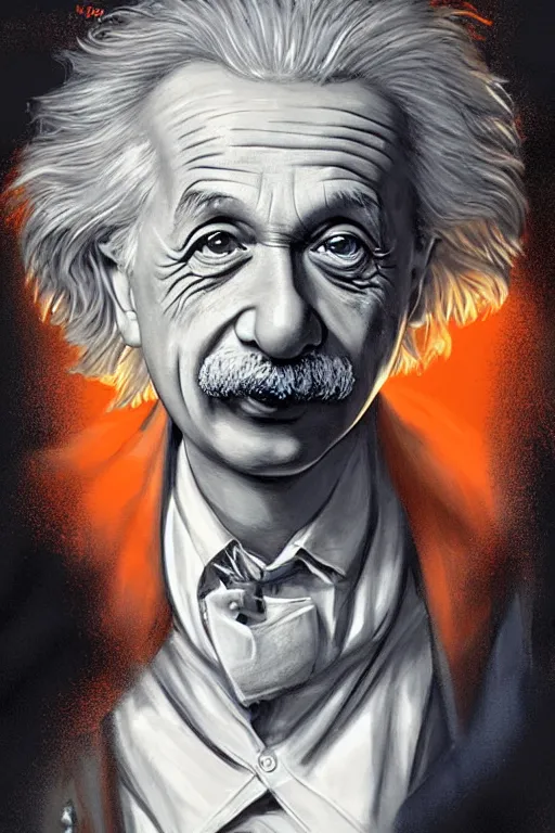 Image similar to Einstein as a prisoner, dressed in an orange jumpsuit intricate, elegant, highly detailed, centered, digital painting, artstation, concept art, smooth, sharp focus, illustration, art by artgerm and donato giancola and Joseph Christian Leyendecker, Ross Tran, WLOP