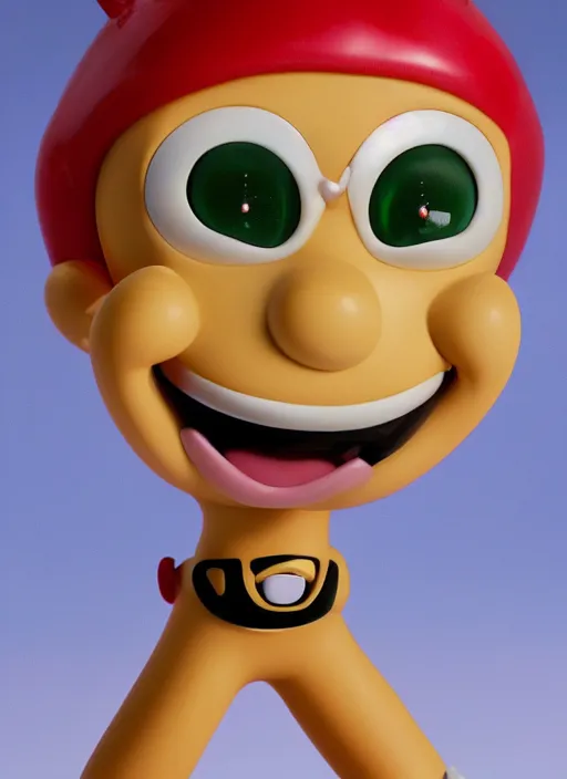 Image similar to a hyperrealistic Kotobukiya oil painting of a looney kawaii vocaloid figurine caricature with a big dumb goofy grin and pretty sparkling anime eyes featured on Wallace and Gromit by john kricfalusi