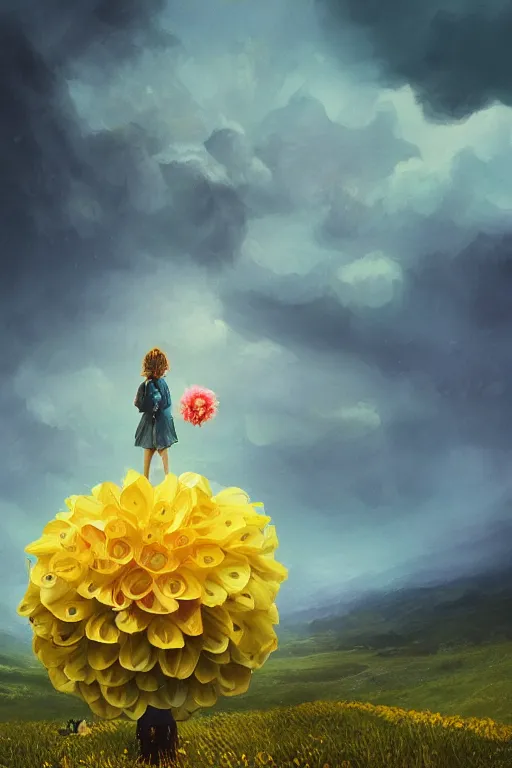 Image similar to closeup girl with huge yellow dahlia flower face, intricate, standing on mountain, surreal photography, blue storm clouds, dramatic light, impressionist painting, digital painting, artstation, simon stalenhag