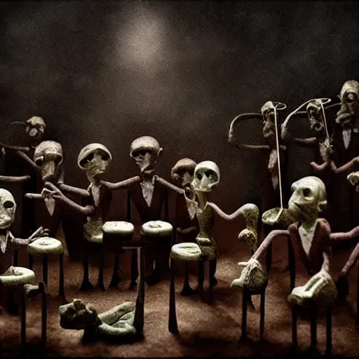 Prompt: the last orchestra, surrealistic detailed claymation art, dark, moody, foggy