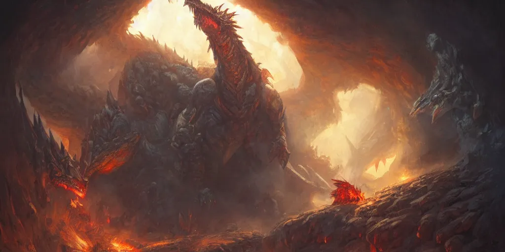 Image similar to closed up oil painting of one deathwing dragon from world of warcraft in a cave by greg rutkowski