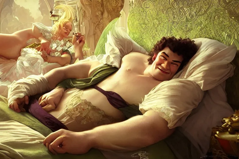 Image similar to russian poet alexander pushkin and shrek together in bed, portrait, highly detailed, digital painting, artstation, concept art, smooth, sharp focus, illustration, cinematic lighting, art by artgerm and greg rutkowski and alphonse mucha