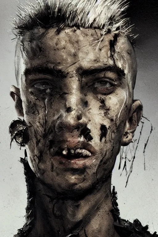 Prompt: a rough ugly young man, shaved head, punk, tattered leather coat, intricate, elegant, dramatic lighting, ugly face, highly detailed, lifelike, photorealistic, digital painting, artstation, illustration, concept art, smooth, sharp focus, art by John Collier and Albert Aublet and Krenz Cushart and Artem Demura and Alphonse Mucha