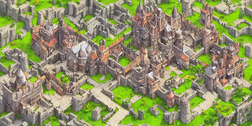 Prompt: rpg isometric top view of a lovely anime medieval fantasy castle!! jrpg!! cory loftis, james gilleard, atey ghailan, makoto shinkai, goro fujita, studio ghibli, rim light, exquisite lighting, clear focus, very coherent, plain background, soft painting