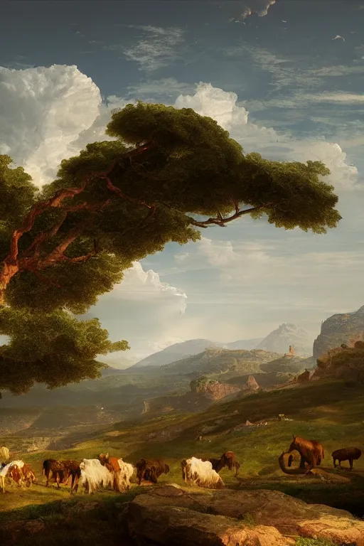 Image similar to a vast ancient italian landscape with farm animals the style of thomas cole, raytracing, 8 k, octane render, volumetric, vivid, beautiful, hyperrealism