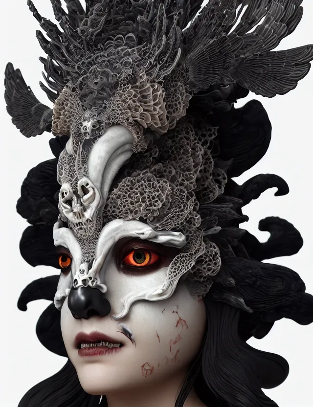 Image similar to 3 d goddess of death close - up profile portrait with ram skull. beautiful intricately detailed japanese crow kitsune mask and clasical japanese kimono. betta fish, jellyfish phoenix, bio luminescent, plasma, ice, water, wind, creature, artwork by tooth wu and wlop and beeple and greg rutkowski