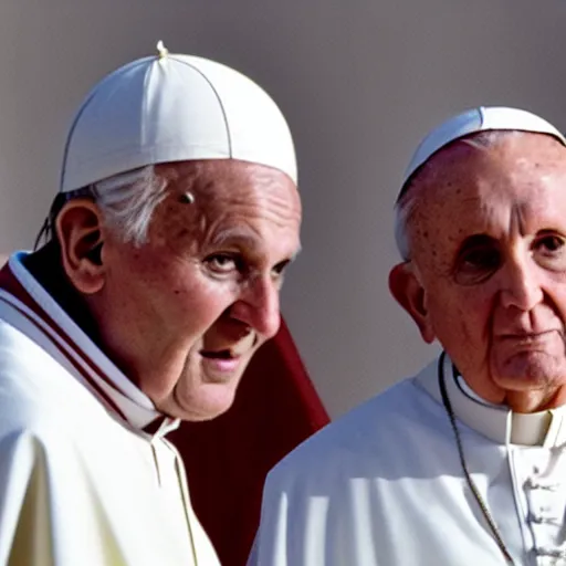 Prompt: pope john paul ii and pope benedict xvi standing next to each other wearing skull cap, clergy. high definition photo, depth of field