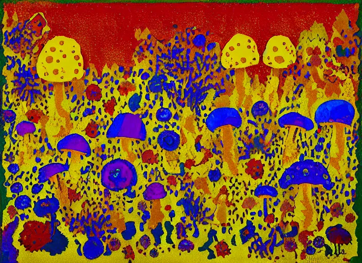 Image similar to pixel decollage painting golden armor alien zombie horseman riding on a crystal bone dragon broken rainbow diamond maggot horse in a blossoming meadow full of colorful mushrooms and golden foil toad blobs in a golden sunset, distant forest horizon, painted by Mark Rothko, Helen Frankenthaler, Danny Fox and Hilma af Klint, pixelated, neo expressionism, semi naive, pastel colors, cinematic, color field painting, cave painting, voxel, pop art look, outsider art, minimalistic. Bill Traylor painting, part by Philip Guston and Francis Bacon. art by Adrian Ghenie, very coherent symmetrical artwork, cinematic, hyper realism, high detail, octane render, unreal engine, Smooth gradients, depth of field, full body character drawing, extremely detailed, 8k, extreme detail, intricate detail, masterpiece