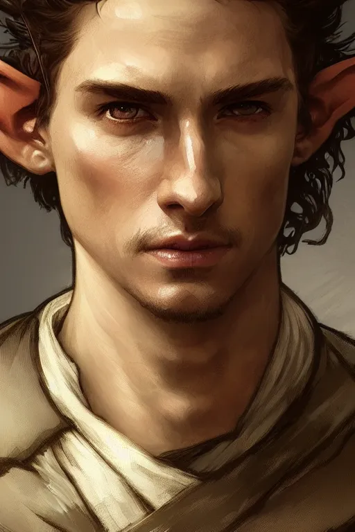 Image similar to portrait of a beautiful fit young elf male ranger, with fluent cloths, leather armor, by greg rutkowski and alphonse mucha, d & d character, gradient brown to white, autumn background, highly detailed portrait, digital painting, artstation, concept art, smooth, sharp focus illustration, artstation hq